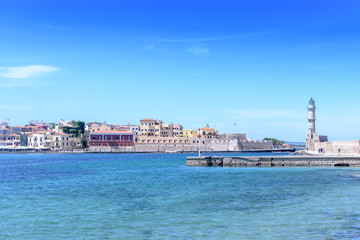 Fototapeta premium Beautiful view from shore to white lighthouse in port