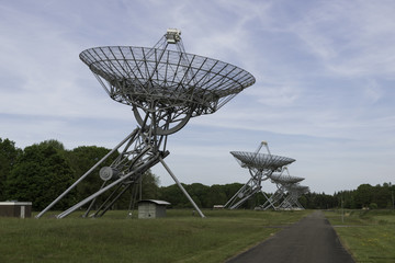 An row of radio telescopes in the Netherlands