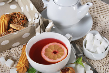Tea with cookies for sweet breakfast at grandma's