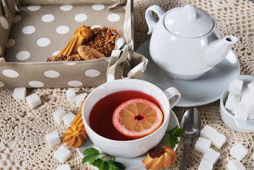 Tea with cookies for sweet breakfast at grandma's