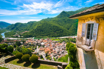 italian village terrace panorama mountain town - obrazy, fototapety, plakaty