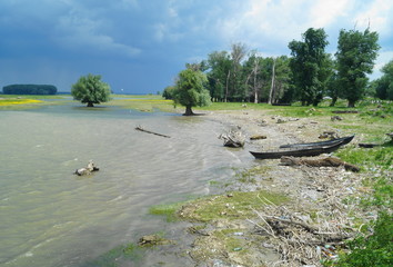 Landscape from the Danube delta with boat, Romania (Delta Dunarii) 