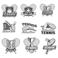 Vector set of tennis badges painted in shades of gray for your design, print, web isolated on white background