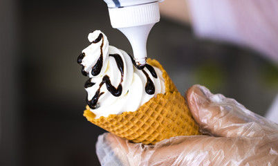 Preparation of ice cream in a waffle cup