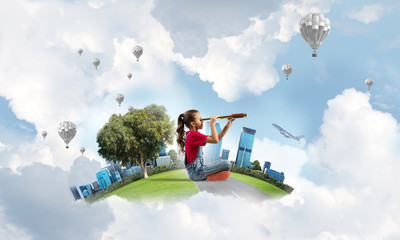 Concept of careless happy childhood with girl looking in future © adam121