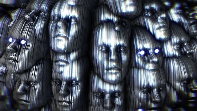 Abstract metallic live form with faces. Sci-fi seamless background