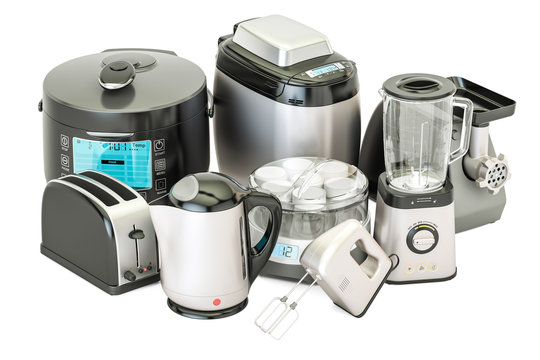 Set of kitchen home appliances. Toaster, kettle, mixer, blender, "yogurt maker", multicooker, grinder, bread machine, 3D rendering