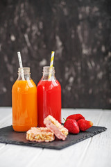 Fruit juices. Strawberries and dessert. The concept of beverages
