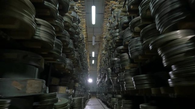 A large collection of film reels.