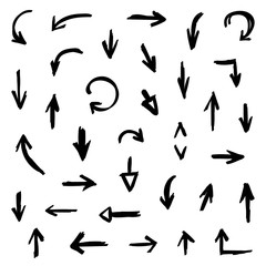 Set, collection of black hand drawn grunge arrows isolated on white background.