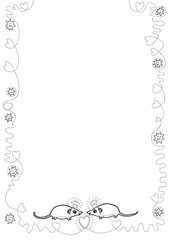 Hand drawn illustration decorative frame with mice in love and stars black and white for coloring book