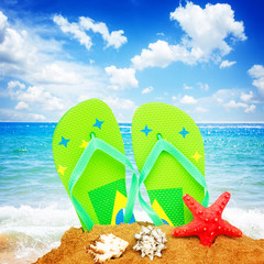 pair of green sandals and starfish in sand by sea side, retro toned