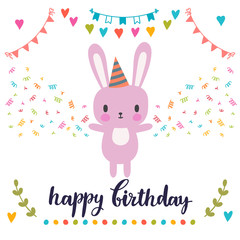 Happy Birthday greeting card. Cute postcard with funny little bunny