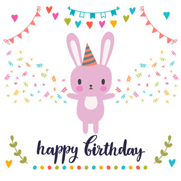 Happy Birthday greeting card. Cute postcard with funny little bunny