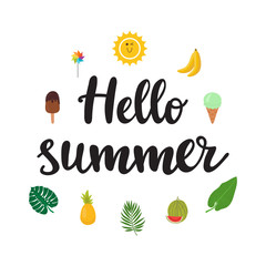 Hello summer. Beautiful poster with ice-cream, pineapple, banana, watermelon, palm leaves and hand written text. Funny vector background