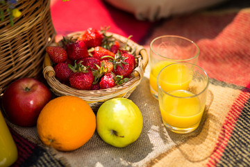 picnic on the grass. juice, a bouquet of wild flowers, fruit,Picnic at the park on the grass,healthy food and accessories,Picnic Grass Summer Time Rest