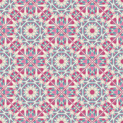 Oriental seamless geometric fabric pattern. Ethnicity ornament. Ornamental background, texture, tiled. Floral elements, mandala decor. Arabic, Islamic, moroccan, asian, indian native african motifs.
