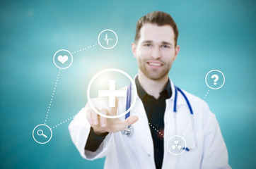 Doctor touching screen with icons. Futuristic medicine concept