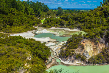 Fototapeta na wymiar Panoramic View at Wai-O-Tapu or Sacred Waters – Thermal Wonderland Rotorua New Zealand