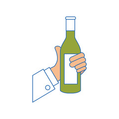 hand holding a champagne bottle icon over white background. vector illustration