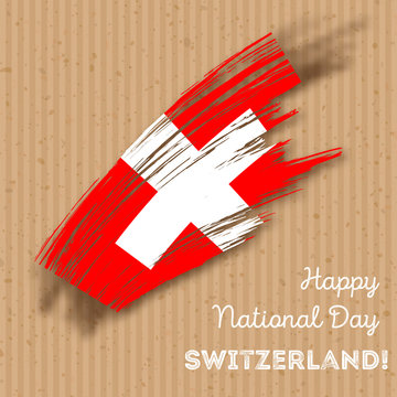 Switzerland Independence Day Patriotic Design. Expressive Brush Stroke in National Flag Colors on kraft paper background. Happy Independence Day Switzerland Vector Greeting Card.
