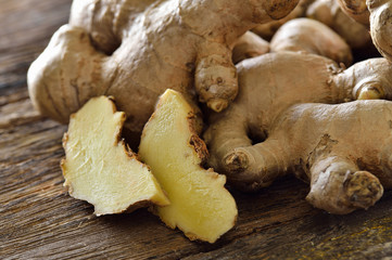 ginger sliced in wood bowl