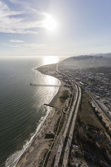 Aerial view of the downtown Ventura beaches and freeway in Southern California.