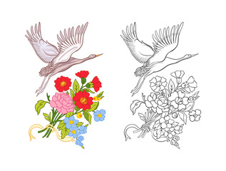 Flowers and crane. Set of colored sample and outline drawing.  Outline hand drawing coloring page for adult coloring book.
 Stock line vector illustration.