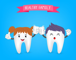  Cute cartoon tooth character, boy and girl holding glass of milk. Milk is good for teeth. Dental care concept, illustration on blue background.