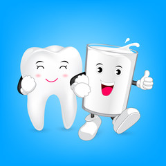 Glass of milk and tooth character, friends forever. Milk is good for teeth. Dental care concept, illustration on blue background.