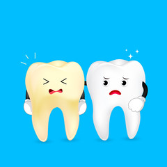 White and yellow tooth characters. Dental care concept. Illustration on blue background.