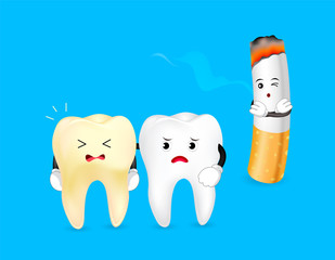 Smoking effect on tooth. Problem from cigarette. illustration of sad tooth. Dental care concept.