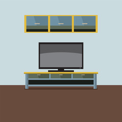 TV Shelf With Wall Cabinet Vector Illustration