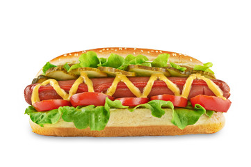Classic Hot Dog with big sausage, fresh salad, tomatoes and pickled cucumbers isolated on white background