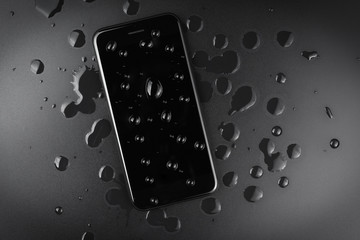 water drop on samartphone mobile on top view, waterproof phone concept
