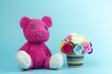 pink bear doll and flower on blue background