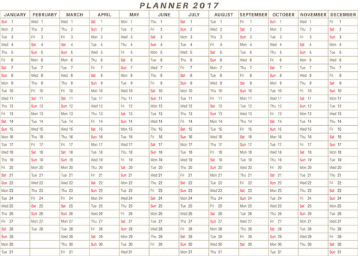 Yearly Planner 2017 in white color background