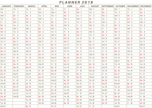 Yearly Planner 2018 in white color background