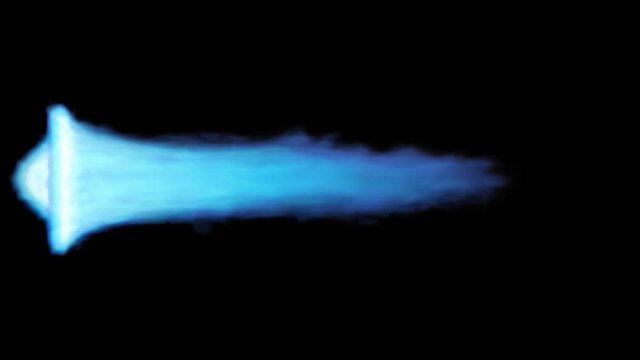 Animated rocket or jet engine blue flame against black background. Side camera view. Long and thin stream. Mask included.