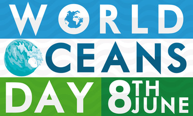 Promotional  Blue and Green Poster for World Oceans Day Celebration, Vector Illustration