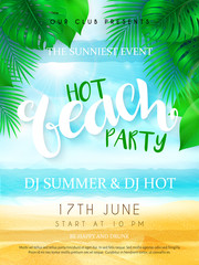 vector illustration of beach party poster with hand lettering text and tropical leaves - palm, mostera on sea beach background - 158242836