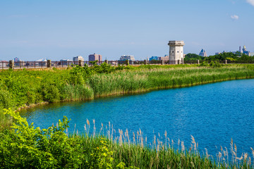 View of Druid Lake and the Moorish Tower at Druid Hill Park in Baltimore, Maryland.