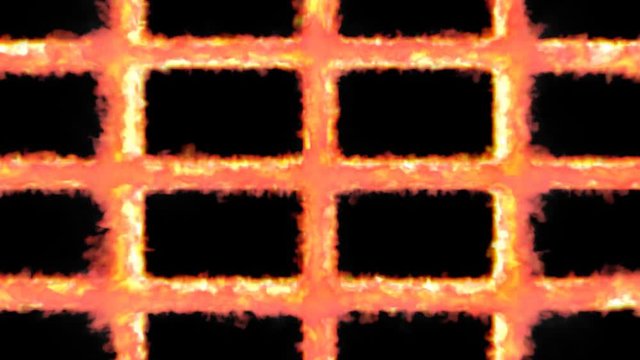Animated grid of thick bars engulf in raging fire against black background in 4k. Mask included.