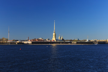 A view of the Peter and Paul Fortress and Neva at sunset