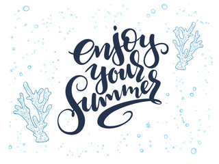 vector hand lettering summer text about sea with doodle shells and bubbles