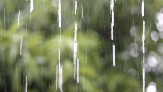 Rain falling strongly with focus on a rain drop with blur green background, UHD 4k 3840x2160.

