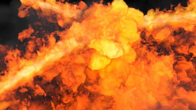 Animated three streams of fire bursting toward each other and engulfing whole screen in flames like inferno in 4k. Against black background. Mask included.