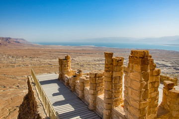 Balcony in the Masada ruins near the Dead Sea in Israel