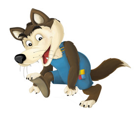 cartoon wolf looking somewhere being happy and doing something