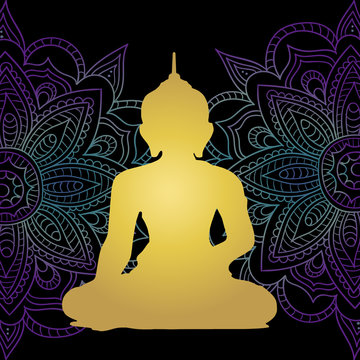 
Religion Buddhism. Ancient culture. Meditation. Beautiful background of the mandla neon.